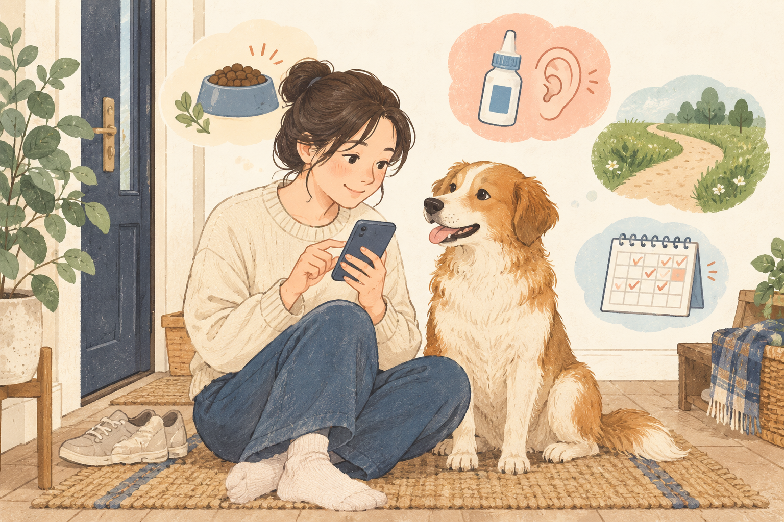 강아지 귀 증상과 먹는 제품, 산책 환경을 휴대폰에 기록하는 보호자 일러스트