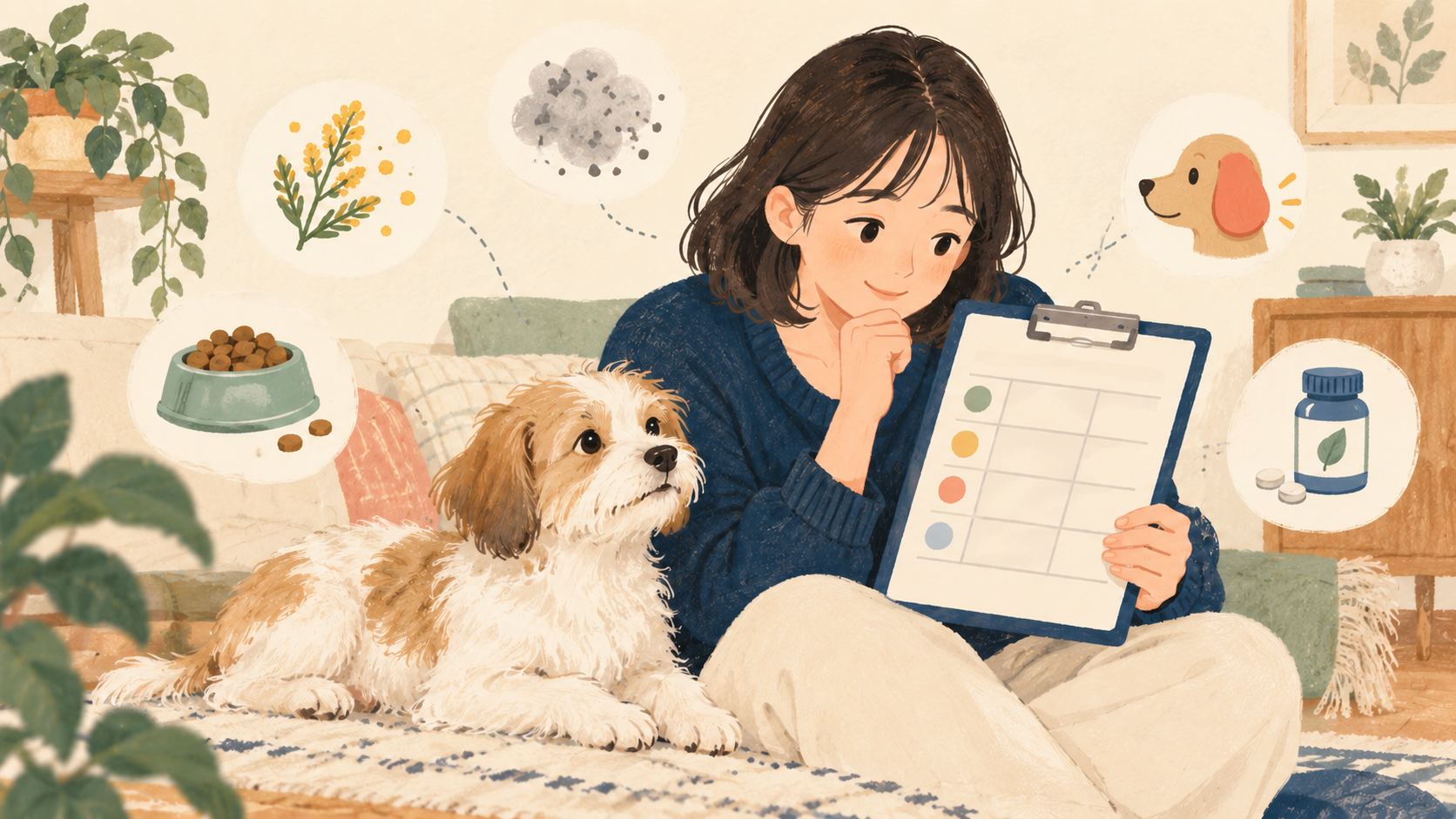 보호자와 반려견이 알레르기 검사 안내표를 함께 보는 2D 그림